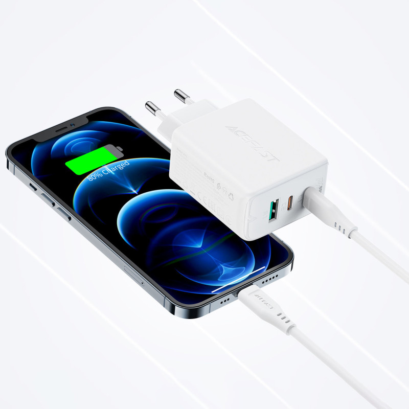 2in1 Sieninis įkroviklis 2x USB-C USB 65W + baltas USB-C laidas