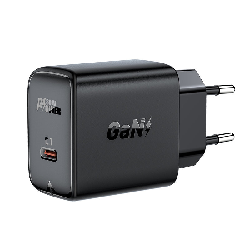 
GaN USB-C 30W PD QC 3.0 AFC FCP sieninis įkroviklis juodas
