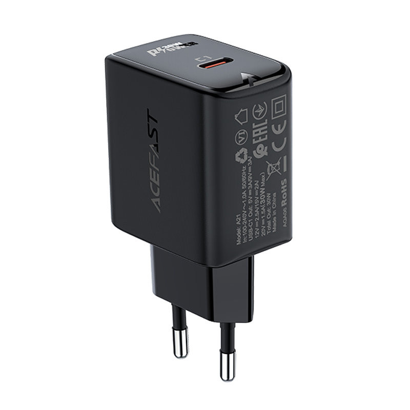 GaN USB-C 30W PD QC 3.0 AFC FCP sieninis įkroviklis juodas