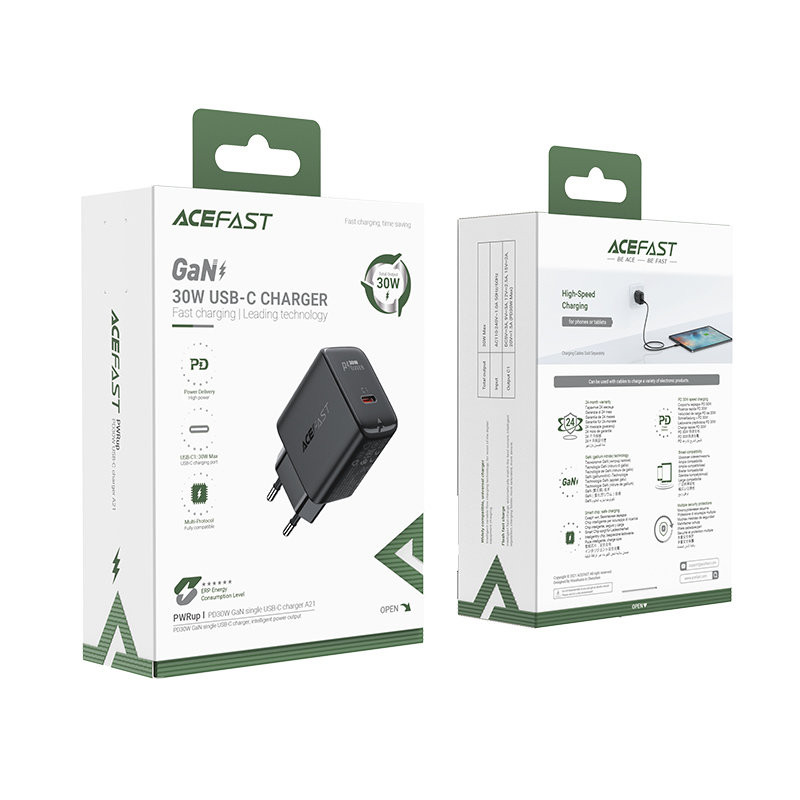 GaN USB-C 30W PD QC 3.0 AFC FCP sieninis įkroviklis juodas