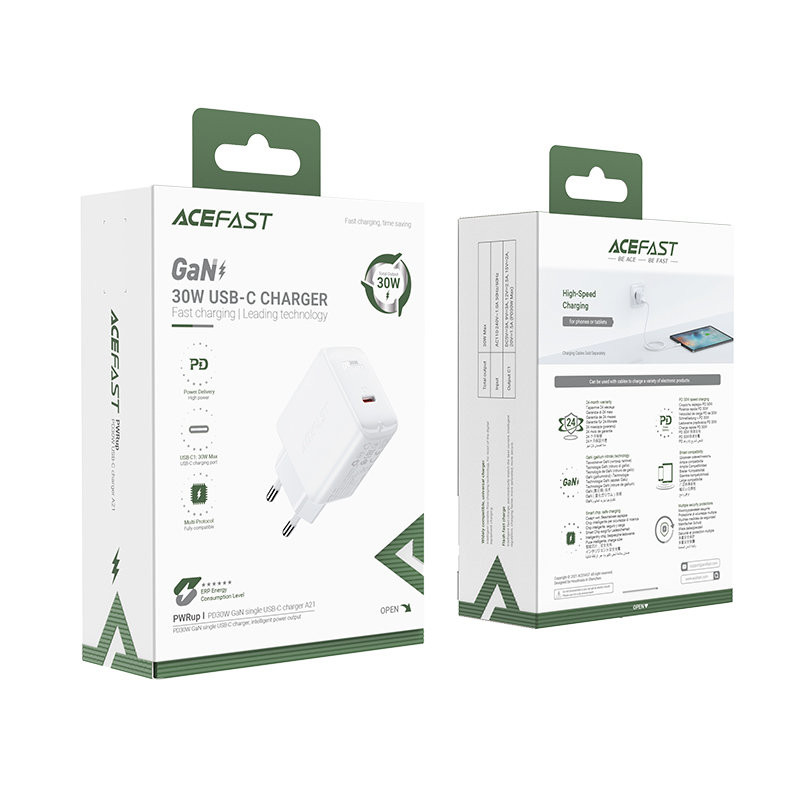 
GaN USB-C 30W PD QC 3.0 AFC FCP tinklo įkroviklis baltas
