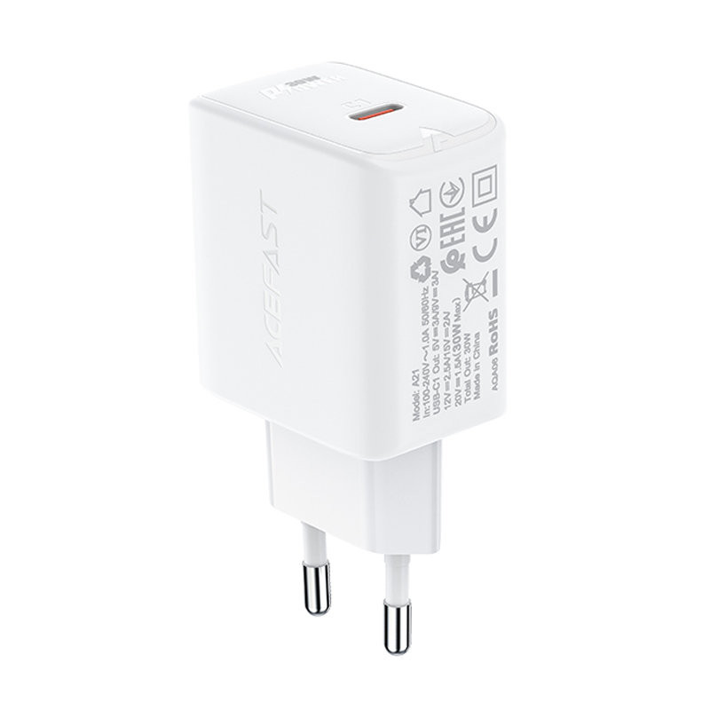 GaN USB-C 30W PD QC 3.0 AFC FCP tinklo įkroviklis baltas