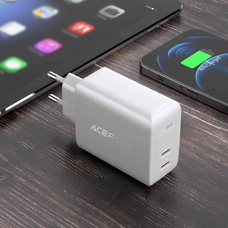 Tinklo įkroviklis 2x USB-C 40W PPS PD QC 3.0 AFC FCP balta