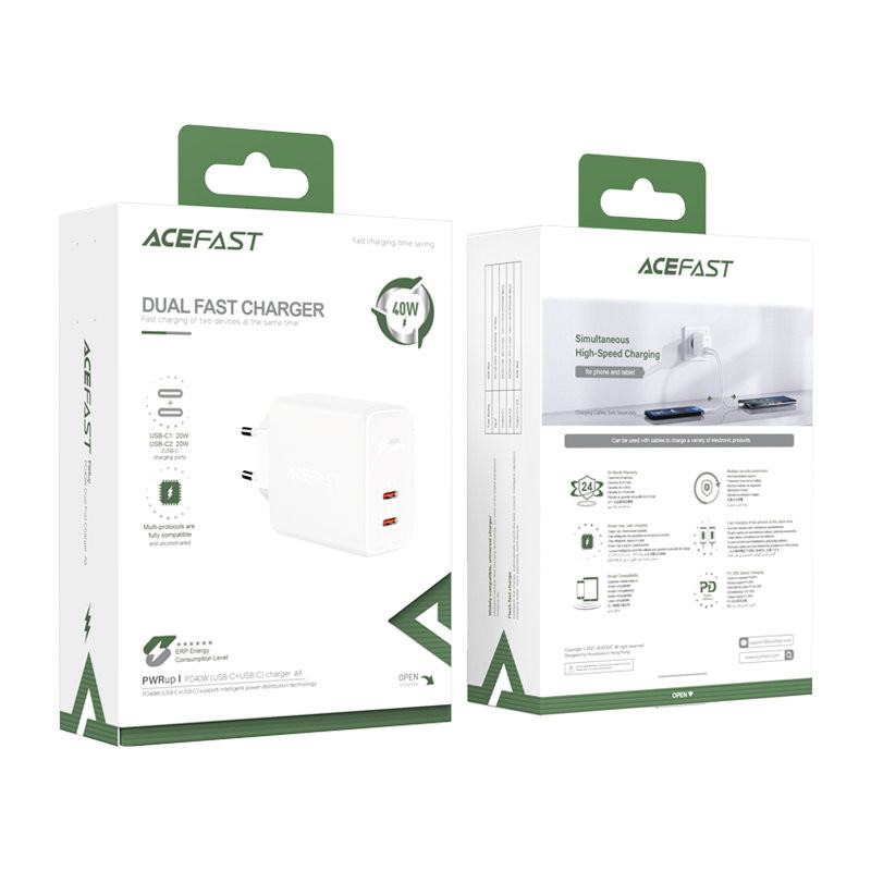 Tinklo įkroviklis 2x USB-C 40W PPS PD QC 3.0 AFC FCP balta
