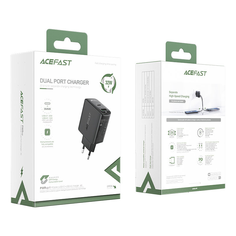 USB-C USB 32W sieninis įkroviklis PPS PD QC 3.0 AFC FCP juodas