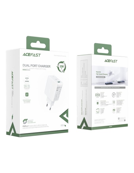 
USB-C USB 32W sieninis įkroviklis PPS PD QC 3.0 AFC FCP baltas
