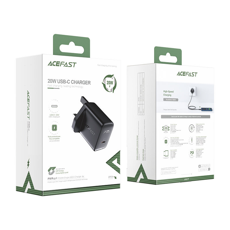 Angliškas maitinimo įkroviklis USB-C 20W PPS PD QC 3.0 AFC FCP UK kištukas juodas