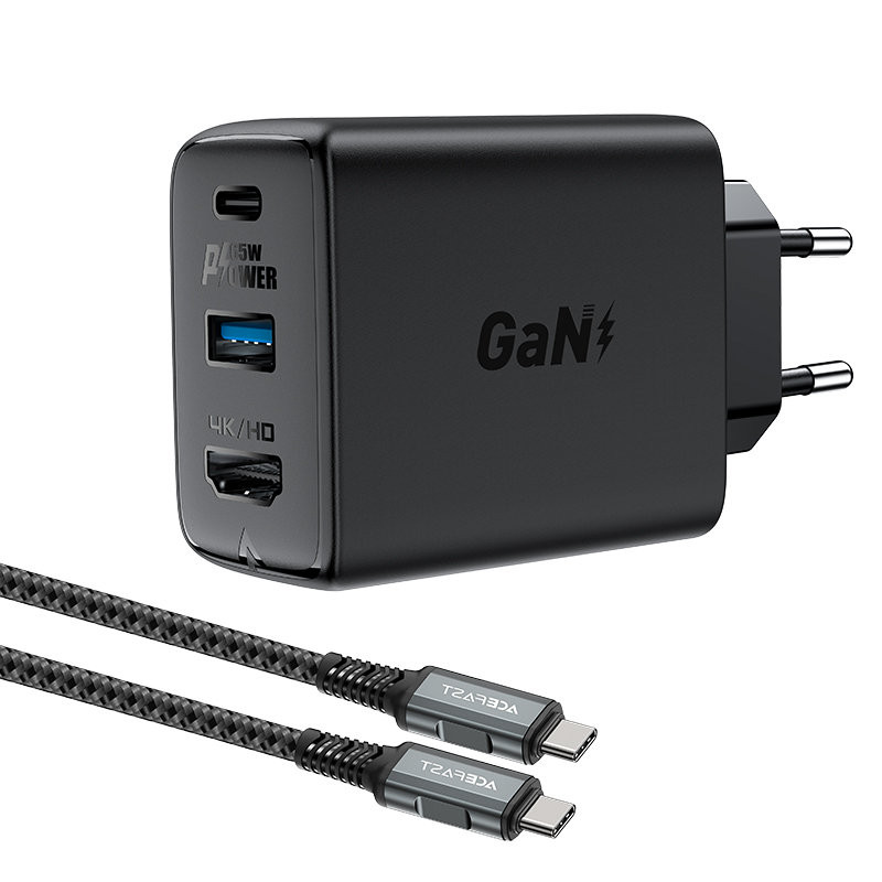 
2in1 įkroviklis su USB-C laidu + USB-C - HDMI 4K adapteris, juodas
