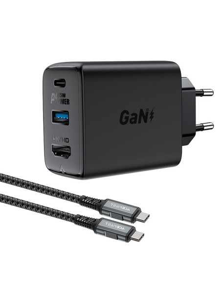 
2in1 įkroviklis su USB-C laidu + USB-C - HDMI 4K adapteris, juodas
