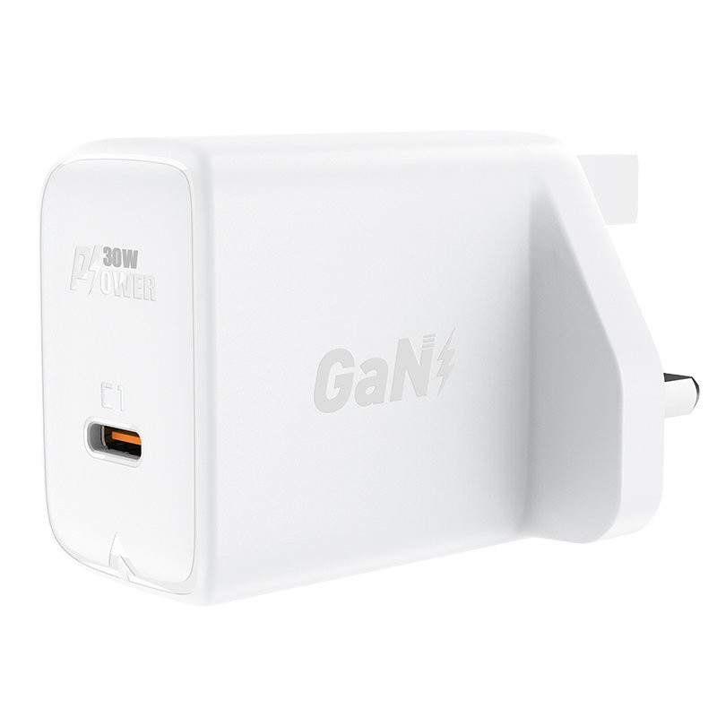 Angliškas GaN USB-C įkroviklis 30W Q3 3.0 AFC FCP UK kištukas baltas