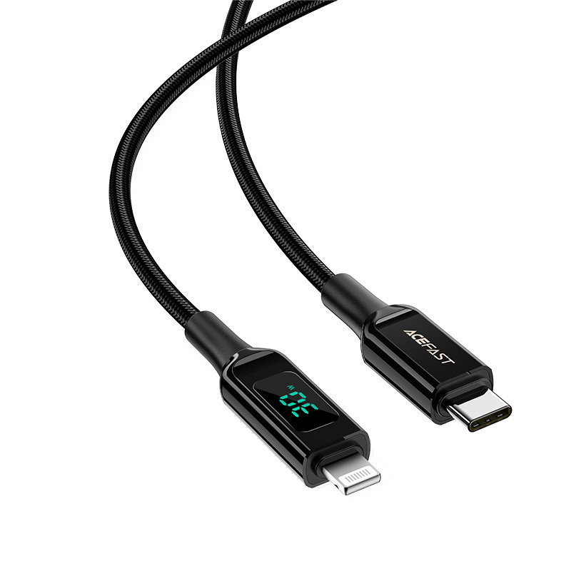 Pintas kabelis su LED ekranu iPhone MFI USB-C - Lightning 1.2m 30W 3A juodas