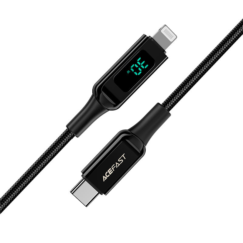 Pintas kabelis su LED ekranu iPhone MFI USB-C - Lightning 1.2m 30W 3A juodas