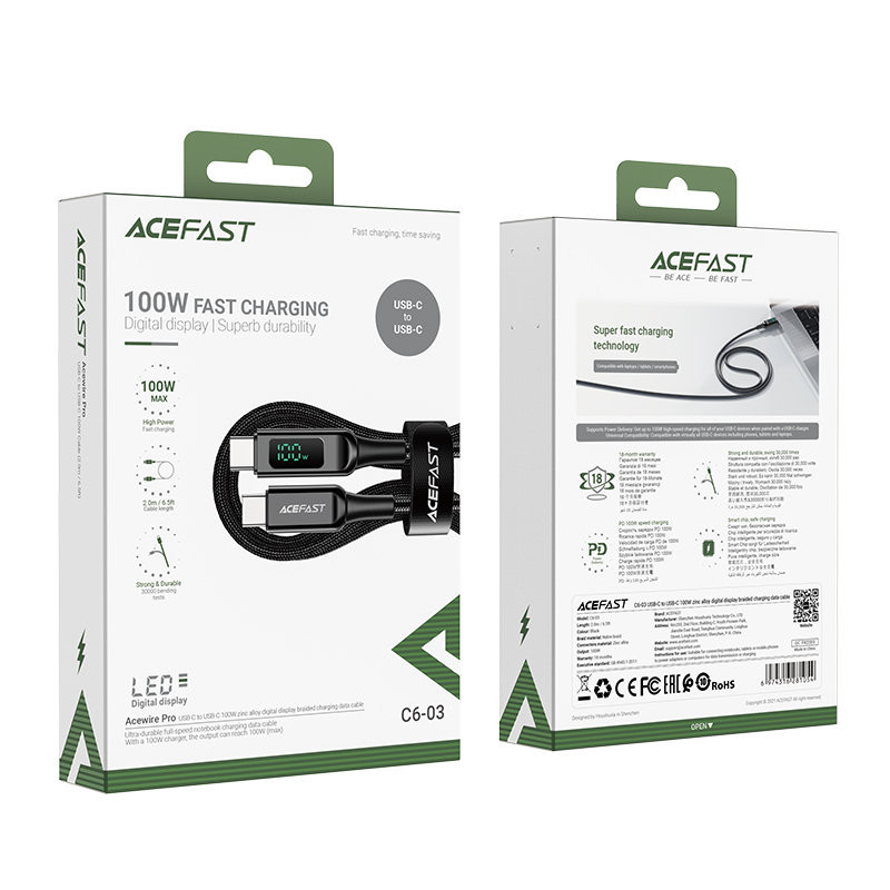 Pintas laidas su LED ekranu USB-C 100W 20V 5A 2m juodas