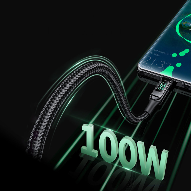 Pintas laidas su LED ekranu USB-C 100W 20V 5A 2m juodas