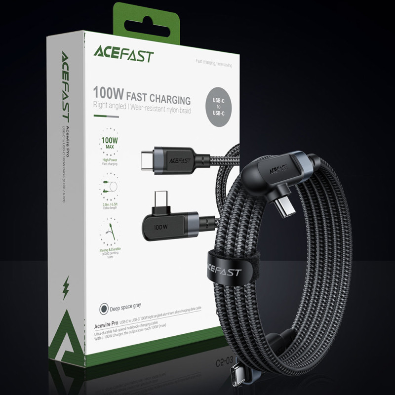 Pintas kampinis kabelis USB-C 100W 20V 5A 2m juodas