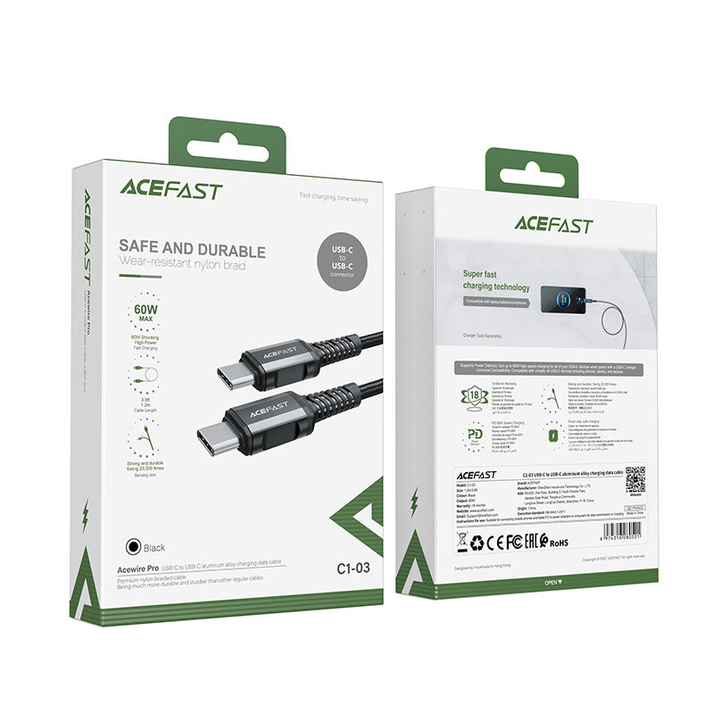 Pintas kabelis USB-C 60W 20V 3A 1,2m juodas
