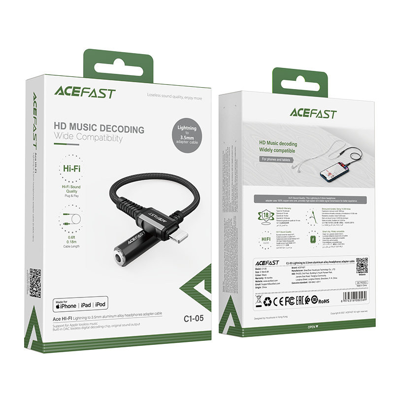 AUX garso adapteris iPhone MFI Lightning - 3,5 mm mini lizdas 18 cm juodas