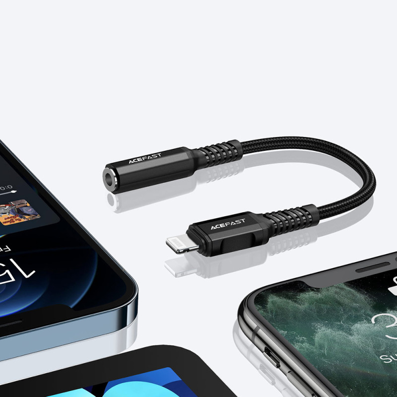 AUX garso adapteris iPhone MFI Lightning - 3,5 mm mini lizdas 18 cm juodas