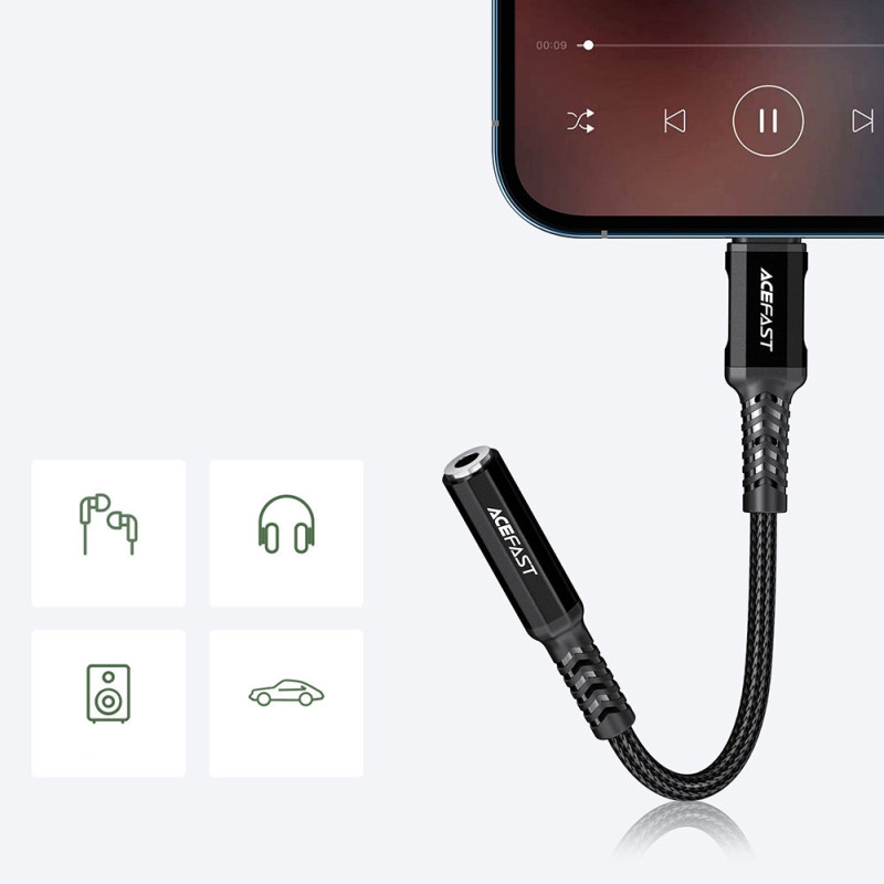 AUX garso adapteris iPhone MFI Lightning - 3,5 mm mini lizdas 18 cm juodas