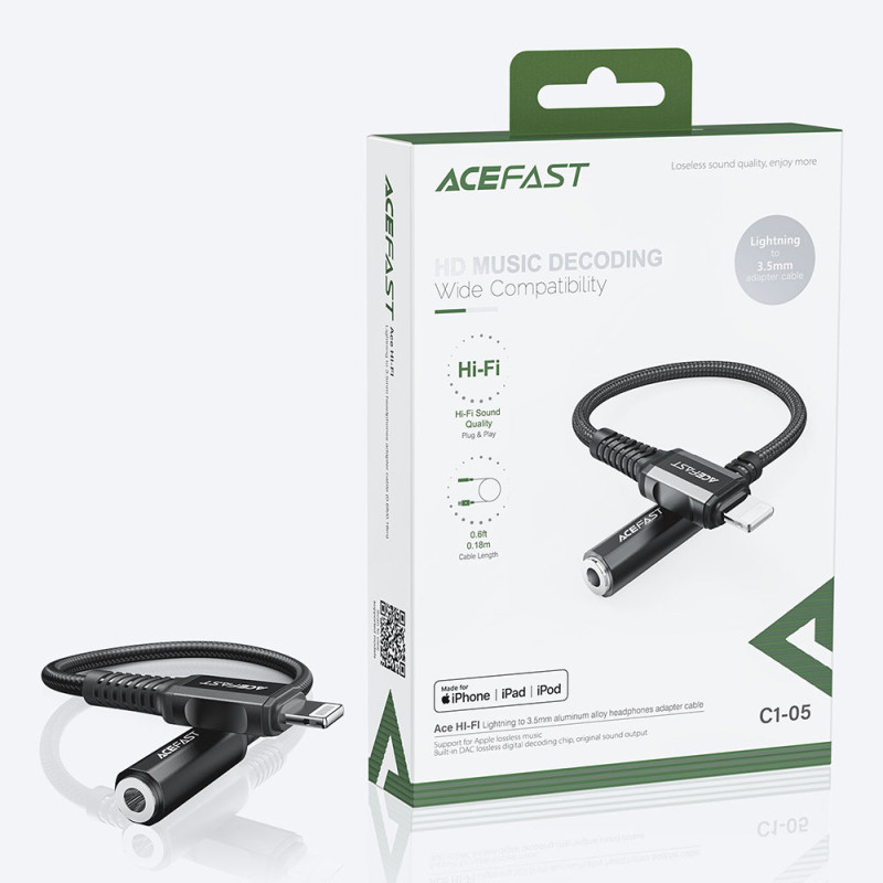 AUX garso adapteris iPhone MFI Lightning - 3,5 mm mini lizdas 18 cm juodas
