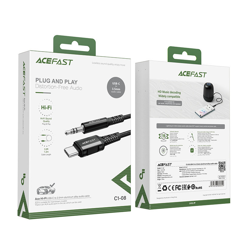 AUX garso kabelis USB-C – 3,5 mm mini lizdas, 1,2 m juodas