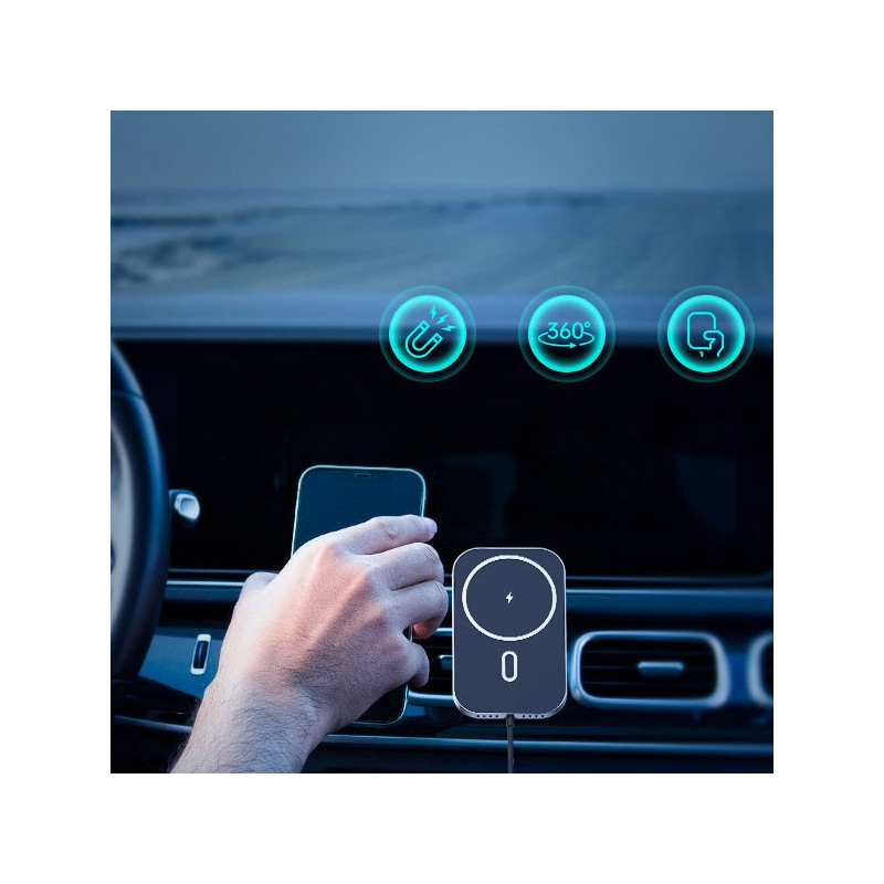 Magnetinis automobilinis laikiklis + Qi indukcinis pakrovėjas 15W juodas