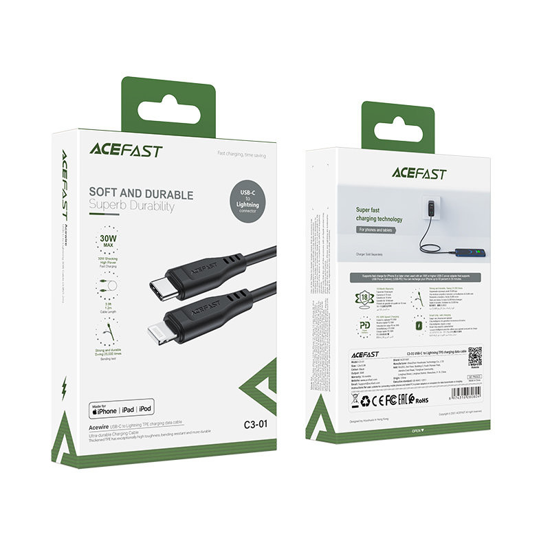 Kabelis iPhone MFI USB-C - Lightning 30W 3A 1,2m juodas