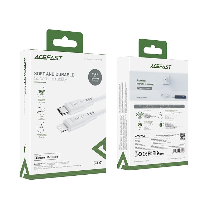Kabelis iPhone MFI USB-C - Lightning 30W 3A 1,2m baltas