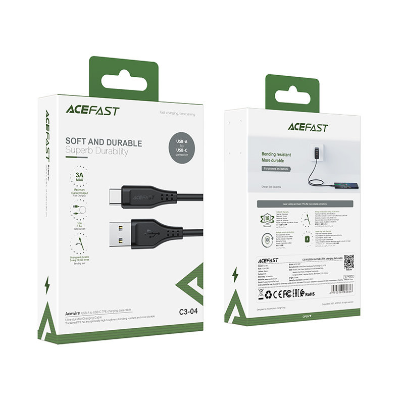 Telefono kabelis USB - USB-C 3A 1,2m juodas