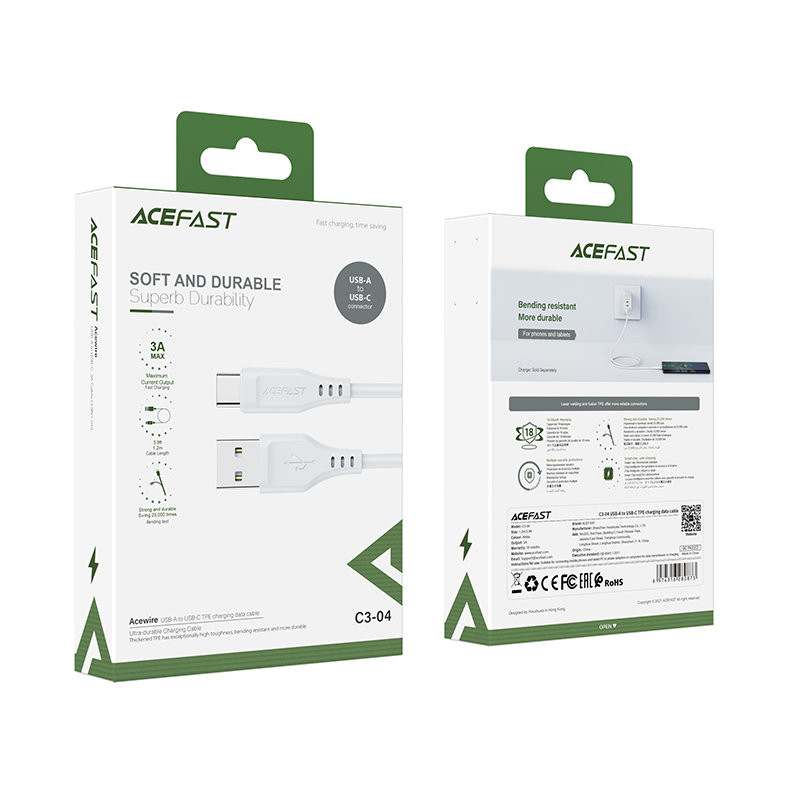 Telefono kabelis USB - USB-C 3A 1,2m baltas