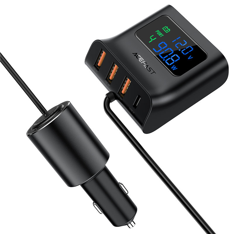 
Automobilinio įkroviklio įkrovimo stotelė 90W USB-C 3x USB QC 3.0 juoda
