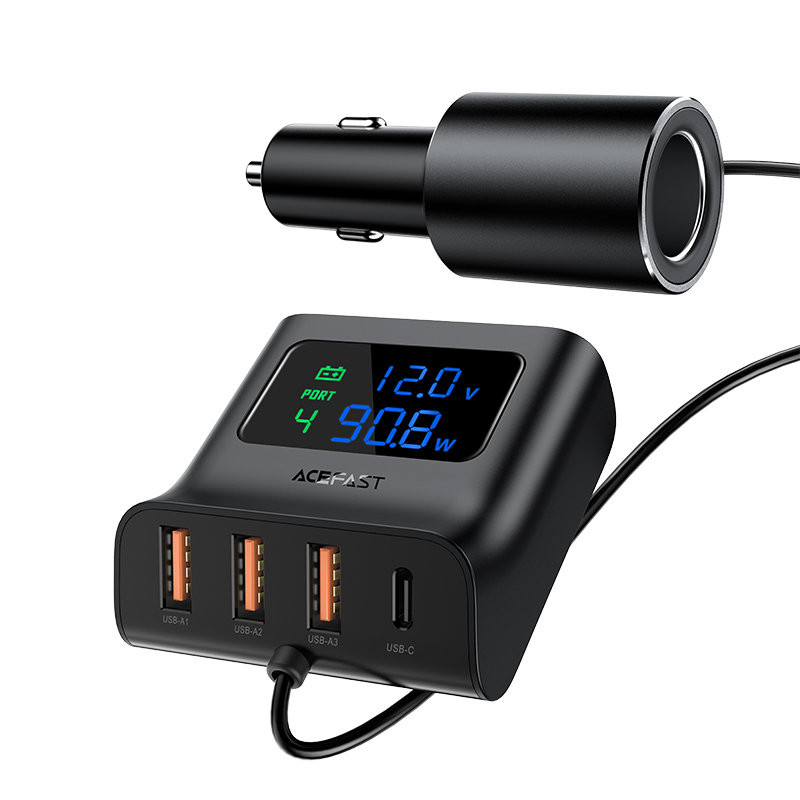 Automobilinio įkroviklio įkrovimo stotelė 90W USB-C 3x USB QC 3.0 juoda