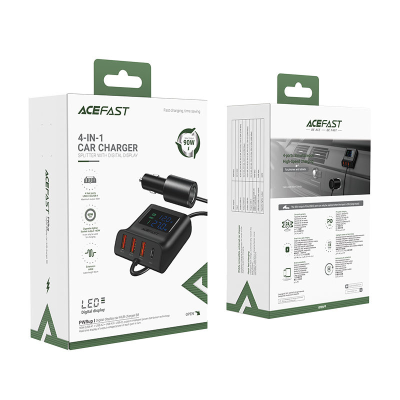 Automobilinio įkroviklio įkrovimo stotelė 90W USB-C 3x USB QC 3.0 juoda