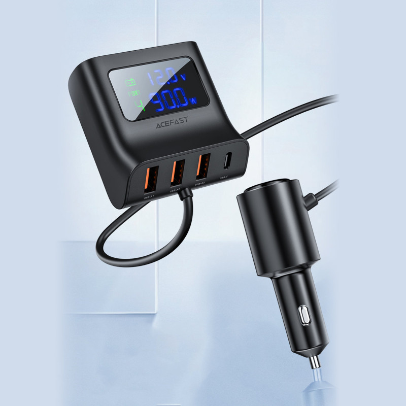 Automobilinio įkroviklio įkrovimo stotelė 90W USB-C 3x USB QC 3.0 juoda