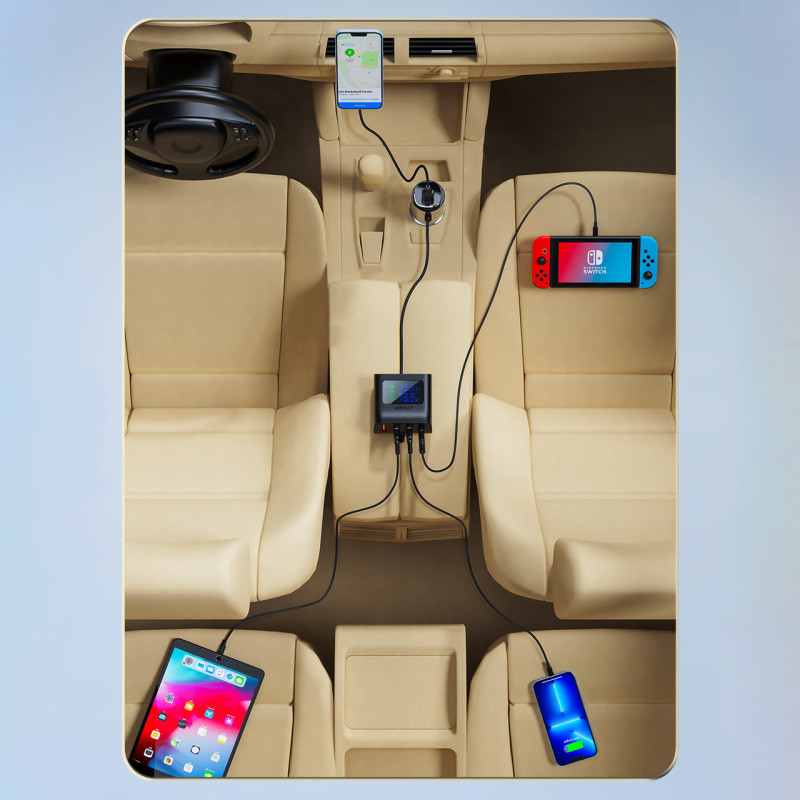 Automobilinio įkroviklio įkrovimo stotelė 90W USB-C 3x USB QC 3.0 juoda