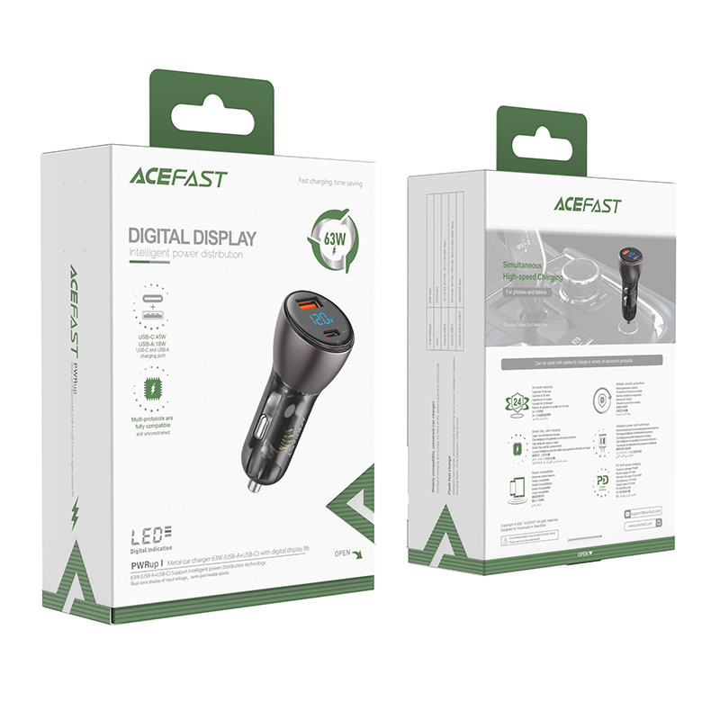 Automobilinis įkroviklis 63W 12V USB-C USB SFCP juodas
