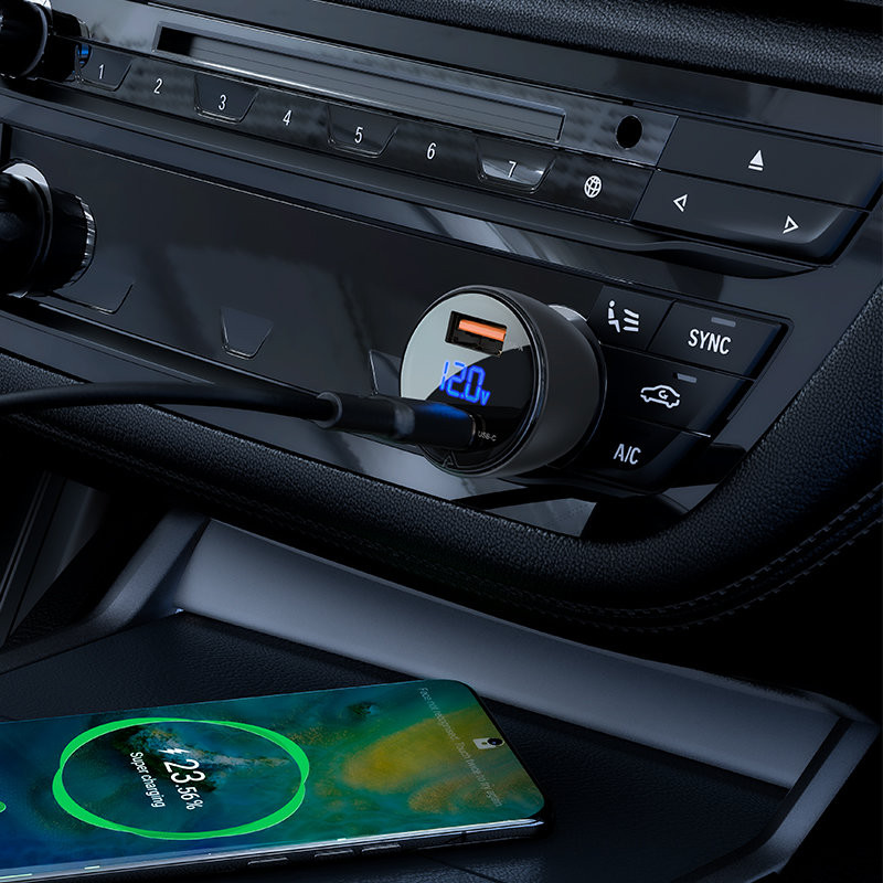 Automobilinis įkroviklis 63W 12V USB-C USB SFCP juodas