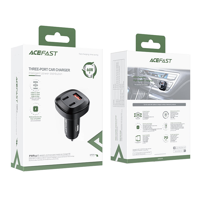 
Automobilinis įkroviklis 66W 2x USB-C USB Power Delivery QC 4.0 juodas
