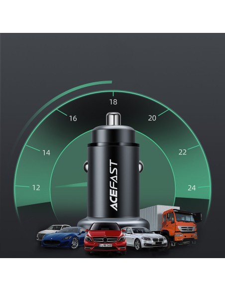 
38W USB-C USB Power Delivery QC 3.0 automobilinis įkroviklis, juodas
