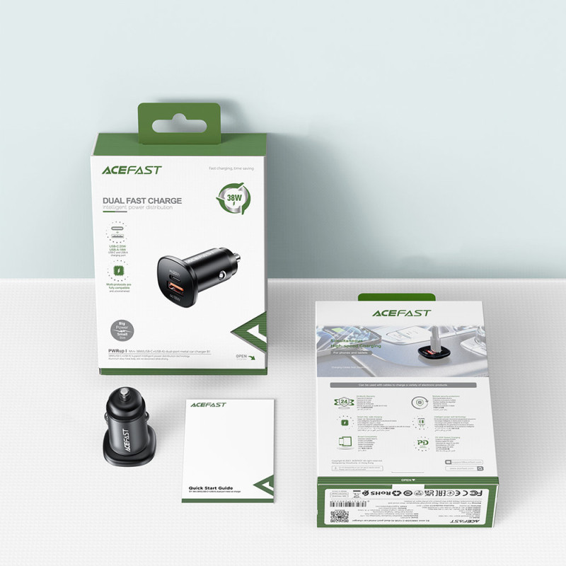 
38W USB-C USB Power Delivery QC 3.0 automobilinis įkroviklis, juodas
