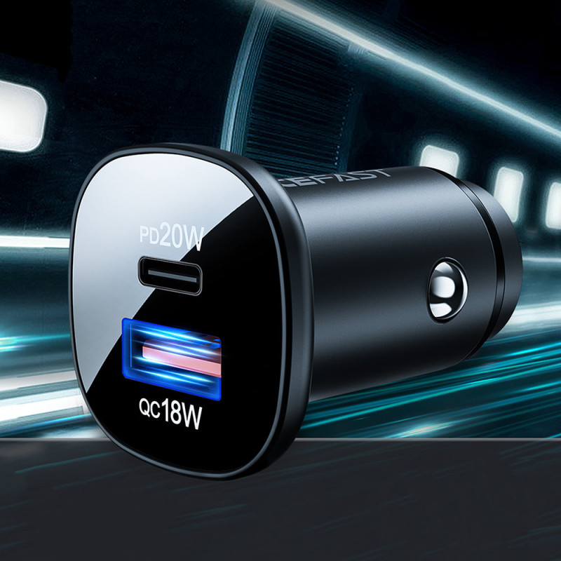 38W USB-C USB Power Delivery QC 3.0 automobilinis įkroviklis, juodas