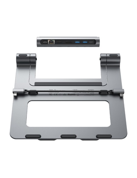 
8in1 nešiojamojo kompiuterio stovas + HUB daugiafunkcis USB-C TF SD HDMI 4K RJ45 100W pilka
