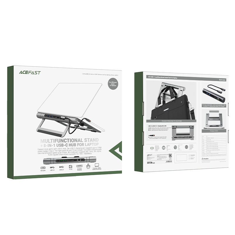 
8in1 nešiojamojo kompiuterio stovas + HUB daugiafunkcis USB-C TF SD HDMI 4K RJ45 100W pilka
