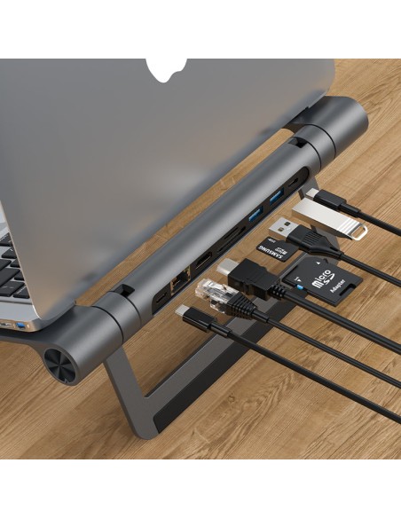 
8in1 nešiojamojo kompiuterio stovas + HUB daugiafunkcis USB-C TF SD HDMI 4K RJ45 100W pilka
