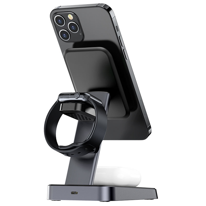 3in1 15W Qi įkroviklis su magnetiniu laikikliu iPhone, Apple Watch ir AirPods, juodas