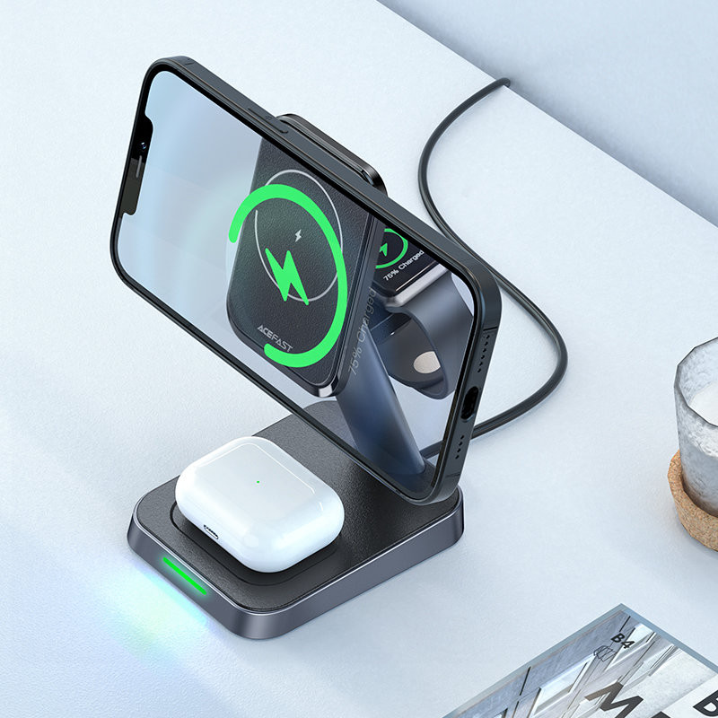 3in1 15W Qi įkroviklis su magnetiniu laikikliu iPhone, Apple Watch ir AirPods, juodas