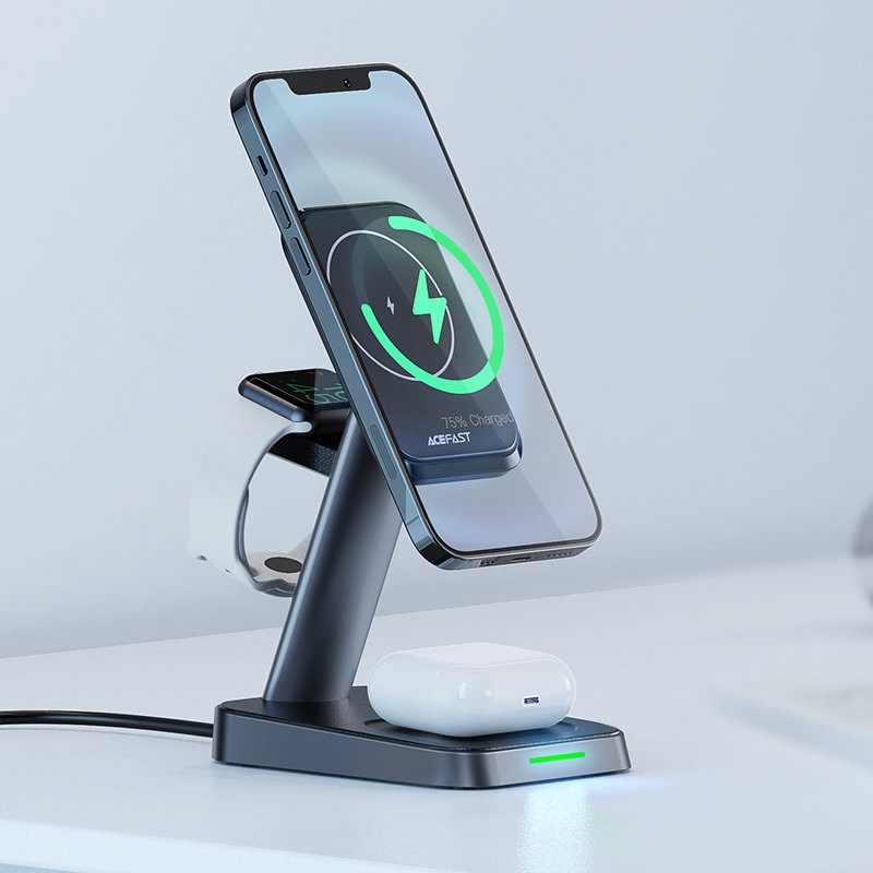 3in1 15W Qi įkroviklis su magnetiniu laikikliu iPhone, Apple Watch ir AirPods, juodas