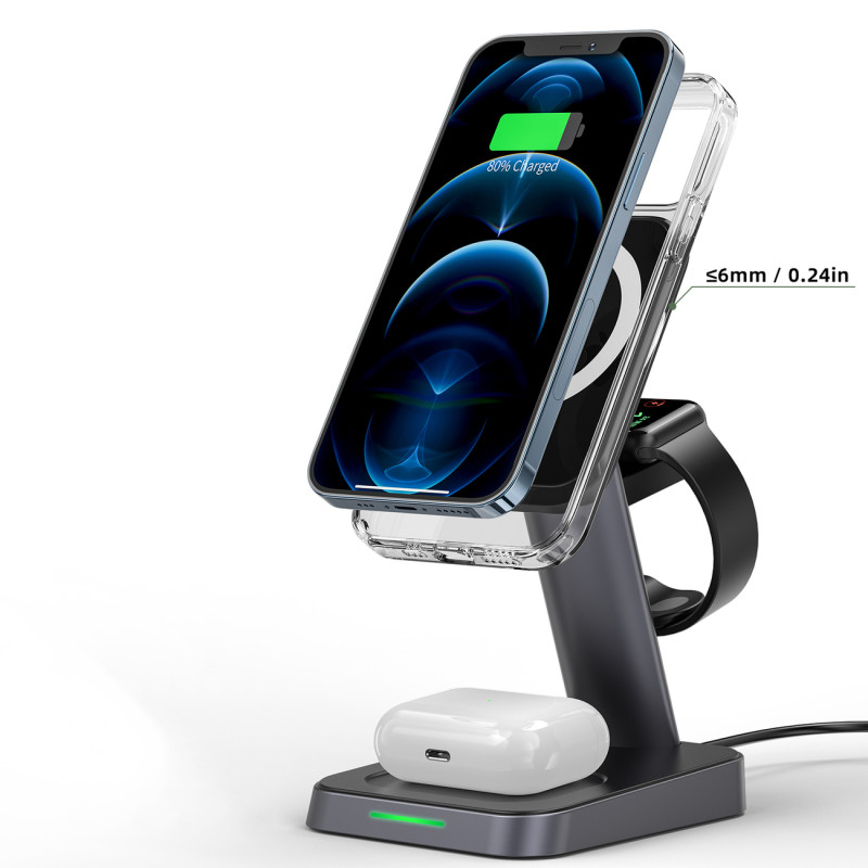 3in1 15W Qi įkroviklis su magnetiniu laikikliu iPhone, Apple Watch ir AirPods, juodas