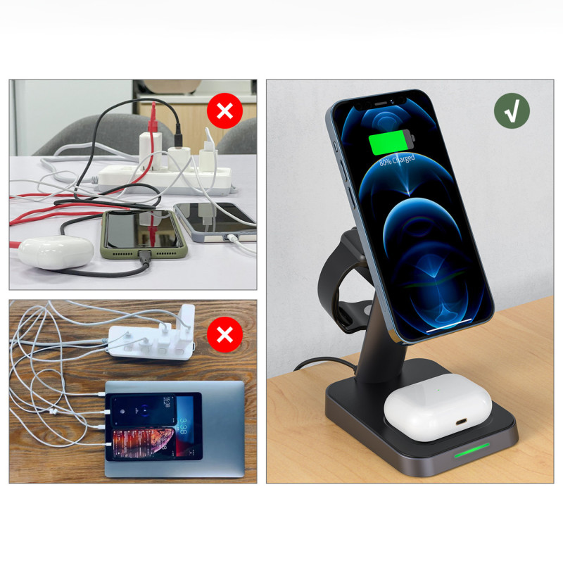 3in1 15W Qi įkroviklis su magnetiniu laikikliu iPhone, Apple Watch ir AirPods, juodas