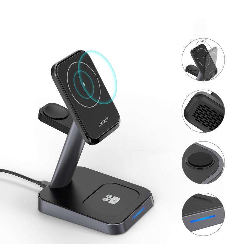 3in1 15W Qi įkroviklis su magnetiniu laikikliu iPhone, Apple Watch ir AirPods, juodas